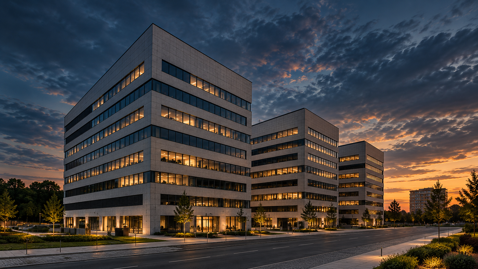 Modern office architecture at dusk