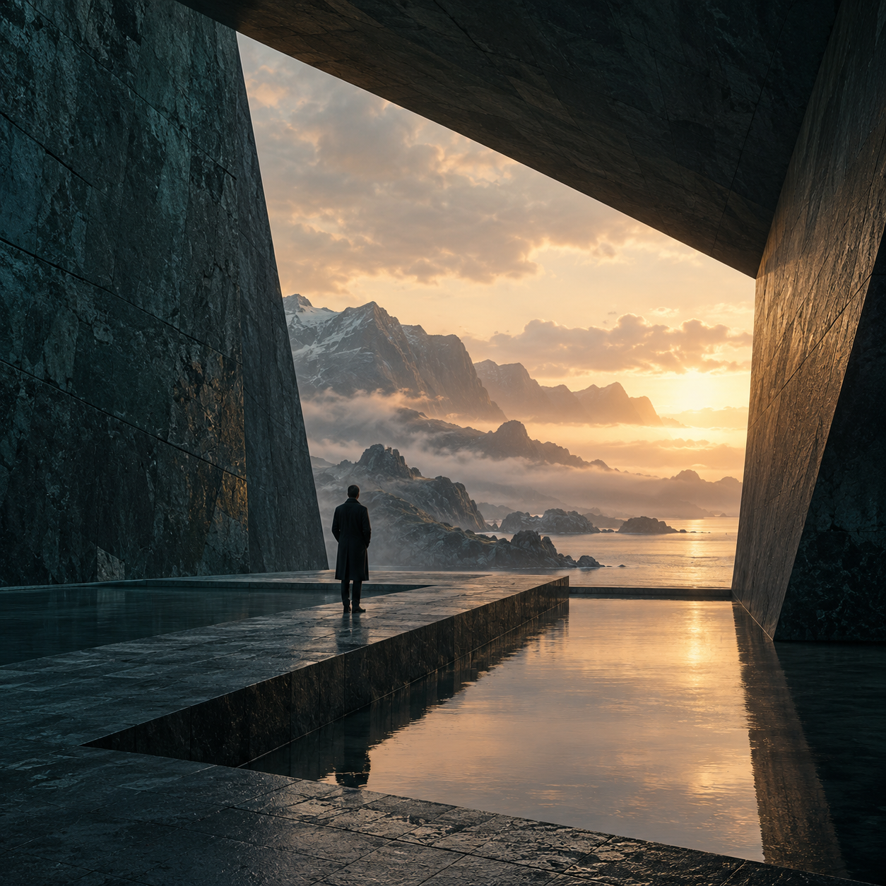 A person standing before a monumental architectural opening at sunset